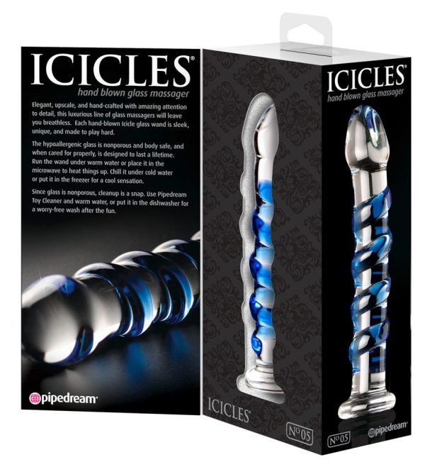 Icicles Glasdildo mit Reizspirale Transparent/Blau