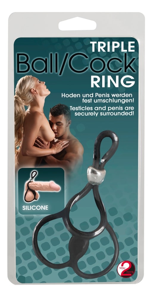 You2Toys Triple Ball- und Cockring - Verlängert Erektion, dehnbar Schwarz/Silber