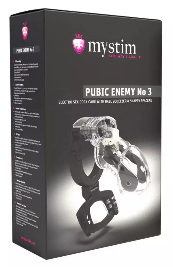 05345790000_verp Mystim Pubic Enemy No 3 - Peniskäfig mit E-Stim und Hodenquetsche Transparent/Schwarz