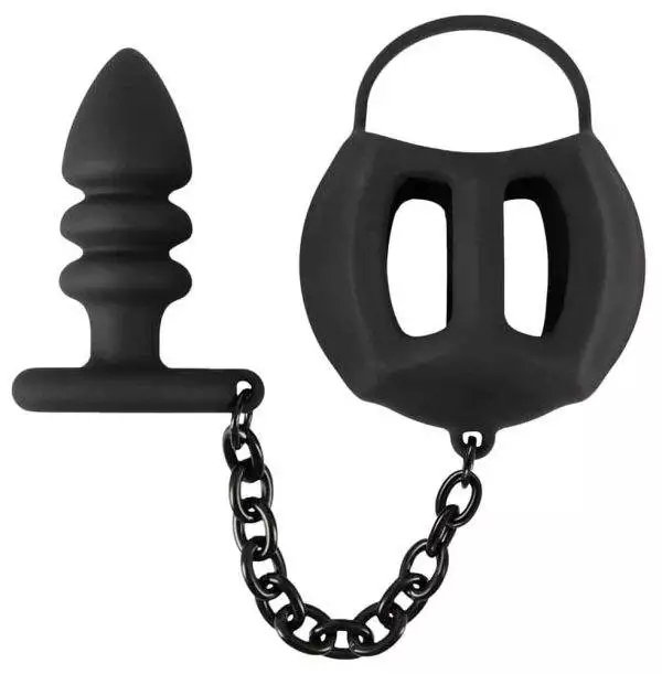 Black Velvets Ball cage with butt plug - Penisring, Hodenkäfig und Analplug aus Silikon