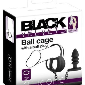 Black Velvets Ball cage with butt plug - Penisring, Hodenkäfig und Analplug aus Silikon