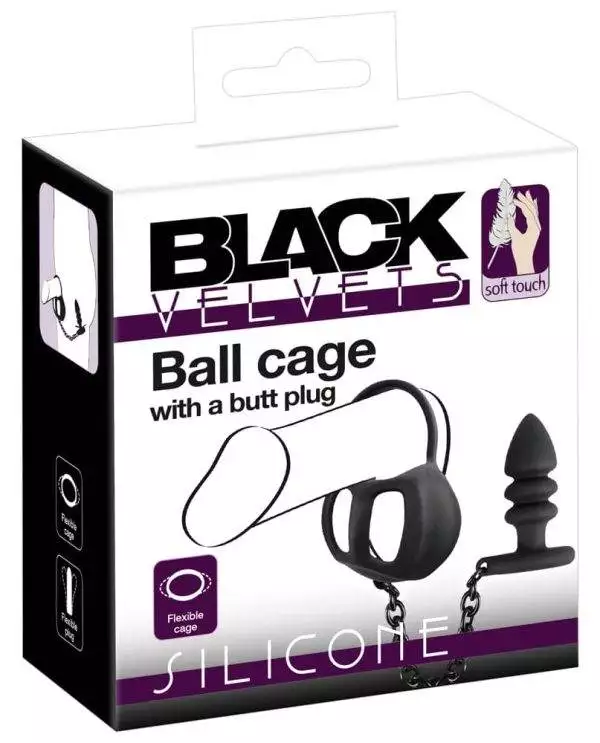 Black Velvets Ball cage with butt plug - Penisring, Hodenkäfig und Analplug aus Silikon