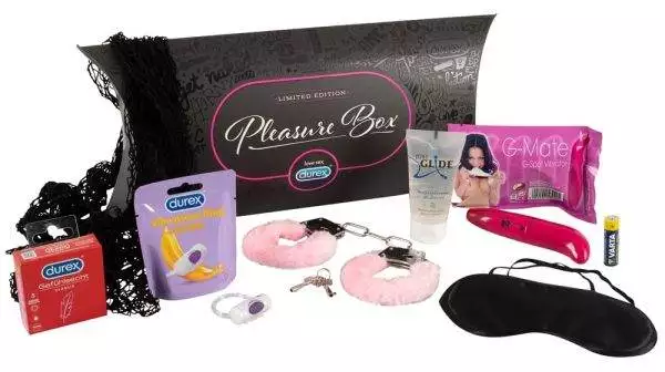 Durex Pleasure Box - Intensiver Vibro-Penisring, hauchdünne Kondome, sexy Lingerie bunt