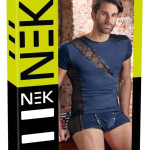 NEK Herrenshirt - elastische Mikrofaser, Powernet-Einsätze, dekorative Schnürung blau/schwarz 2XL