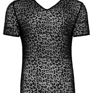 Noir Leo-Shirt: Powernet-Transparenz, Samtflockprint, hautnah 2XL