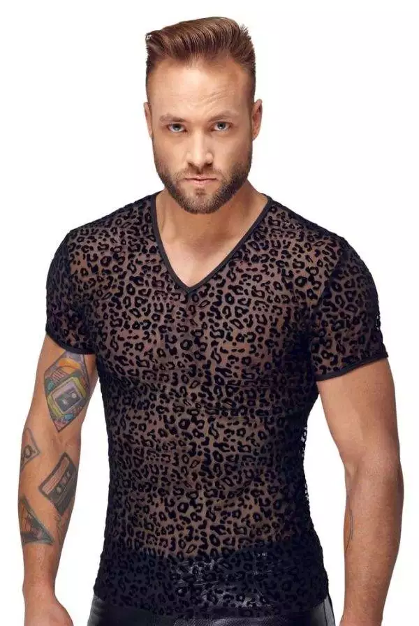 Noir Leo-Shirt: Powernet-Transparenz, Samtflockprint, hautnah XL Noir Leo-Shirt: Powernet-Transparenz, Samtflockprint, hautnah XL