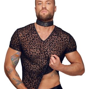 Noir Leo-Shirt: Powernet-Transparenz, Samtflockprint, hautnah 2XL