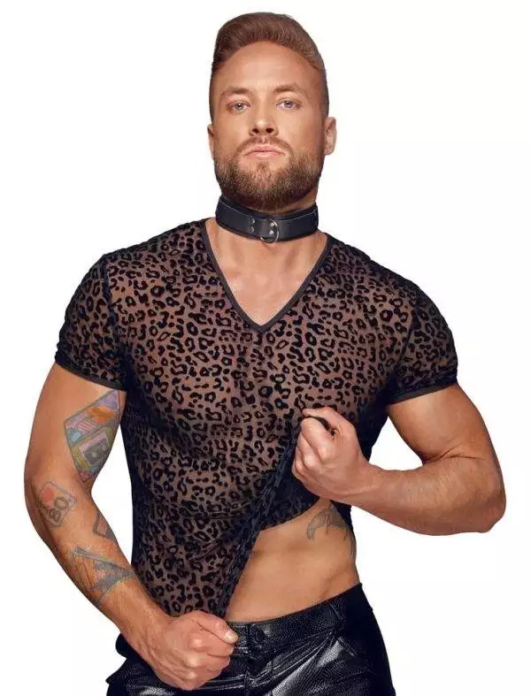 Noir Leo-Shirt: Powernet-Transparenz, Samtflockprint, hautnah XL Noir Leo-Shirt: Powernet-Transparenz, Samtflockprint, hautnah XL