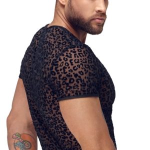 Noir Leo-Shirt: Powernet-Transparenz, Samtflockprint, hautnah 2XL