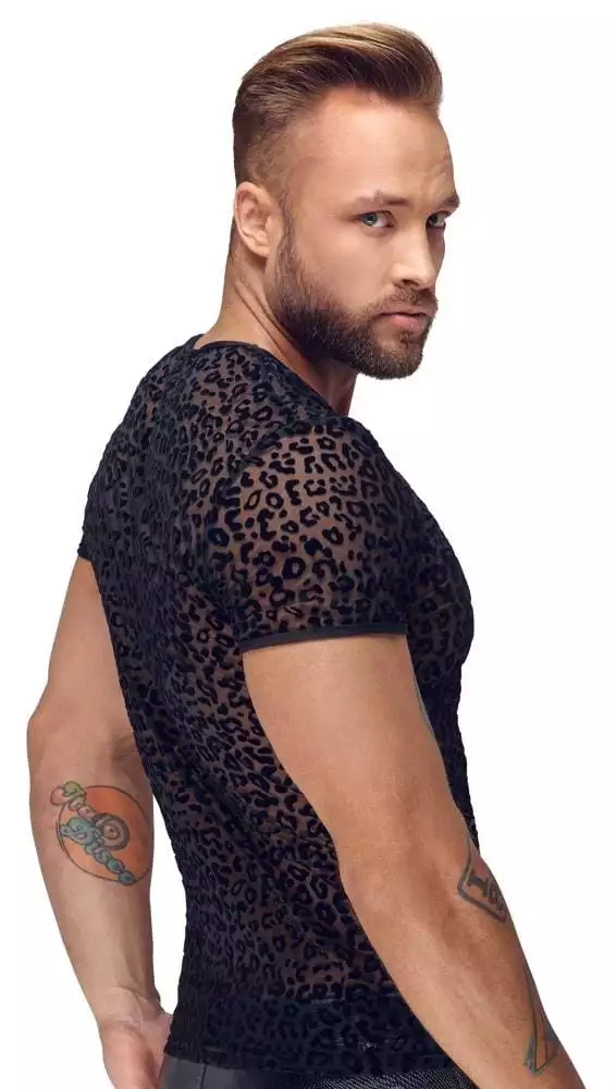 Noir Leo-Shirt: Powernet-Transparenz, Samtflockprint, hautnah XL Noir Leo-Shirt: Powernet-Transparenz, Samtflockprint, hautnah XL