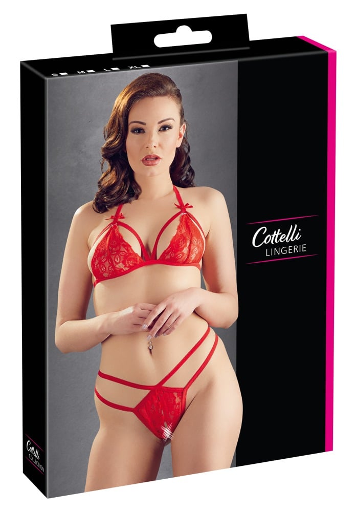 Cottelli LINGERIE - Spitzen-Set rot, Soft-BH & String ouvert L