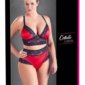 Cottelli CURVES - Longline-BH Set, 4XL, Stretchsatin & Blütenspitze Schwarz/Rot 4XL