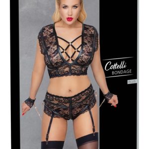 Cottelli BONDAGE - Spitzen-BH Set, Ouvert-Slip, Handfesseln XL