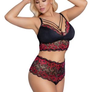 Cottelli CURVES - Soft-BH und Taillen-Slip, 2-farbige Spitze Schwarz/Rot 4XL