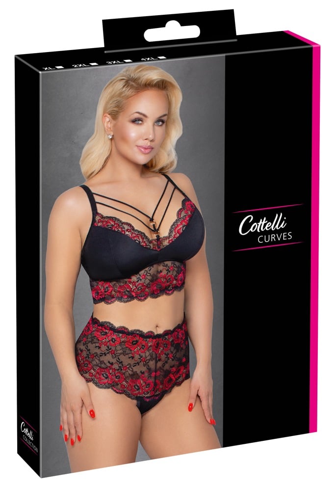 Cottelli CURVES - Soft-BH und Taillen-Slip, 2-farbige Spitze Schwarz/Rot 4XL