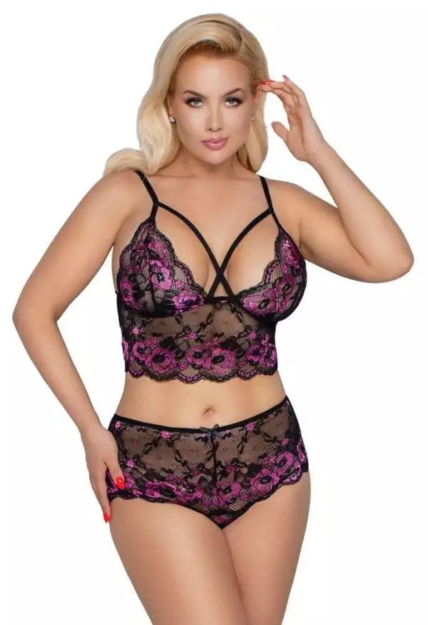 Cottelli CURVES - Spitzen BH-Set Schwarz/Rosa XL/2XL