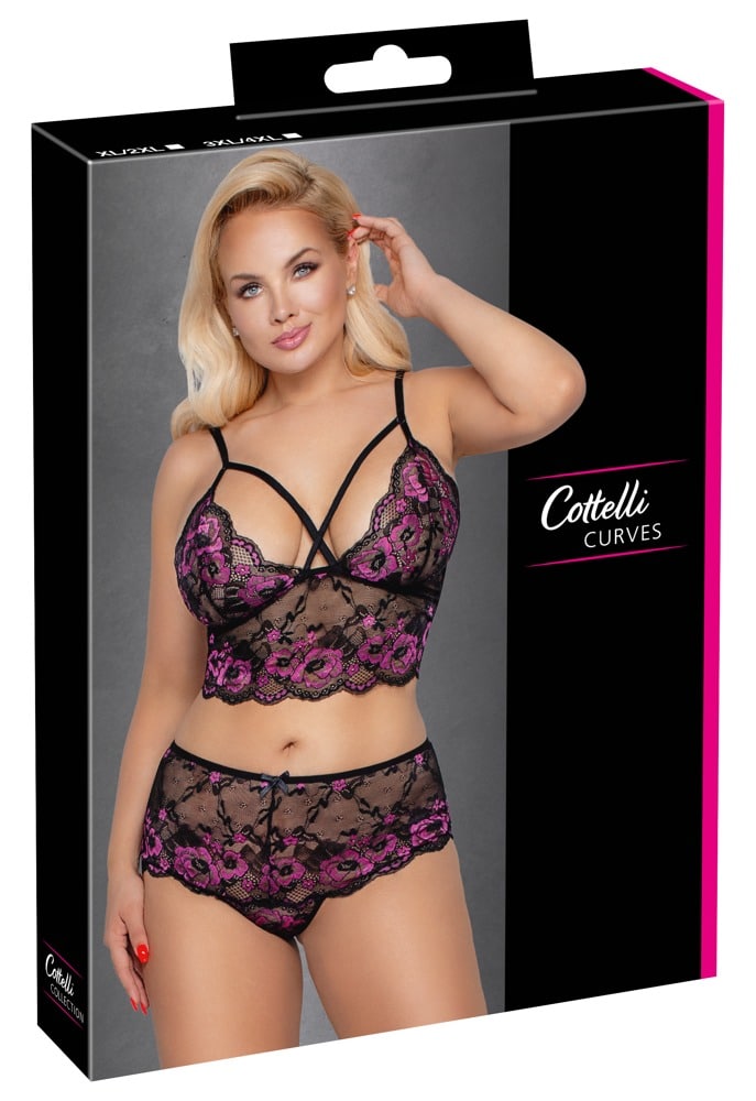 Cottelli CURVES - Spitzen BH-Set Schwarz/Rosa XL/2XL