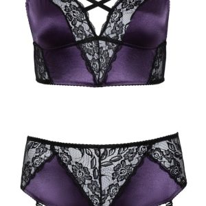 Cottelli CURVES: Satin-Spitzen Set, Bralette & Strap-Slip Lila/Schwarz 3XL