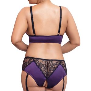 Cottelli CURVES: Satin-Spitzen Set, Bralette & Strap-Slip Lila/Schwarz 3XL