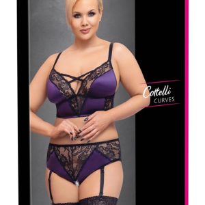 Cottelli CURVES: Satin-Spitzen Set, Bralette & Strap-Slip Lila/Schwarz 4XL