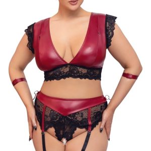 Cottelli BONDAGE: BH Set mit Armfesseln - Edler Mattlook & feine Spitze Rot/Schwarz 3XL