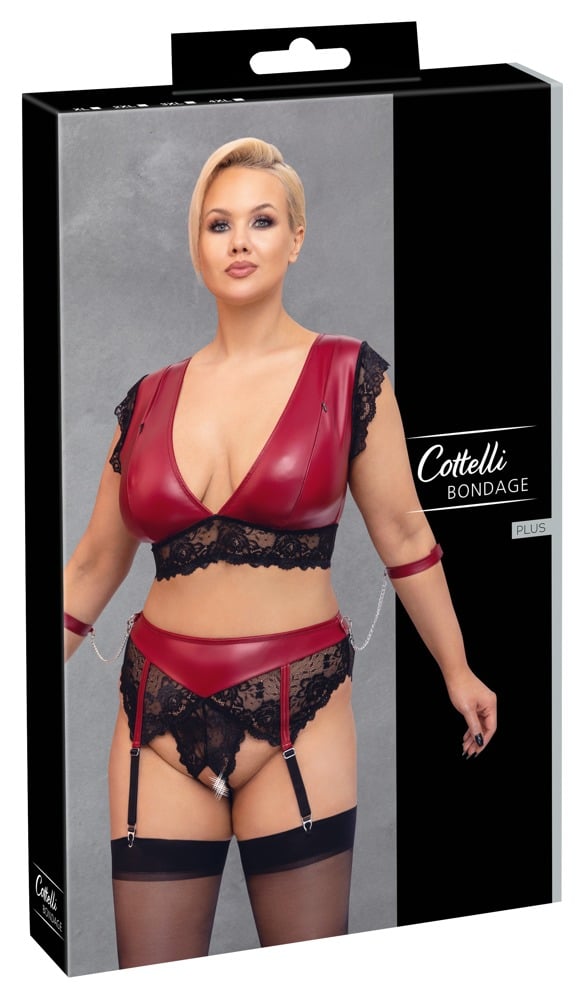 Cottelli BONDAGE: BH Set mit Armfesseln - Edler Mattlook & feine Spitze Rot/Schwarz 4XL