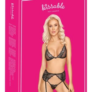 Kissable BH-Strapsset, exklusives Set aus Effektspitze und Powernet Schwarz/Silber/Gold S/M