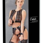 Cottelli BONDAGE - 3-teiliges Wetlook-Spitzen-Set mit Handfesseln S