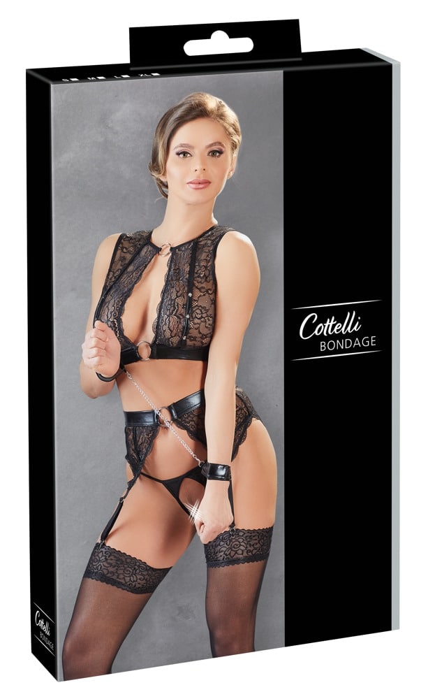 Cottelli BONDAGE - 3-teiliges Wetlook-Spitzen-Set mit Handfesseln XL