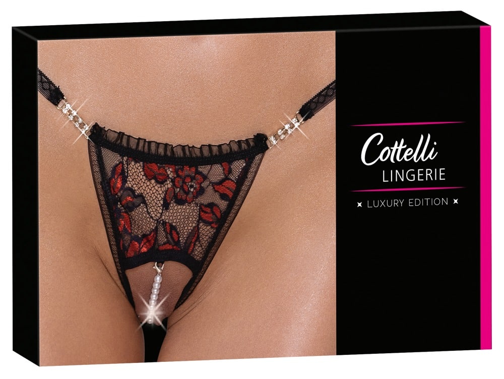 Cottelli LINGERIE - Verführerischer Riostring ouvert mit Schrittkette Schwarz/Rot M/L