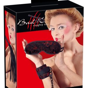 Bad Kitty Bondage-Set: Handfesseln, Augenmaske, Peitsche schwarz-rot