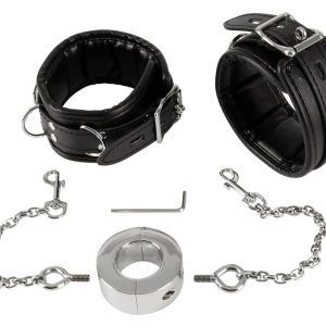 Fetish Collection Handfesseln & Cockring - Edelstahl-Penisring mit Karabinerketten Schwarz/Silber