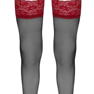 Cottelli LEGWEAR - Schwarze Straps-Strümpfe mit rotem Spitzenabschluss Schwarz/Rot M