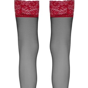 Cottelli LEGWEAR - Schwarze Straps-Strümpfe mit rotem Spitzenabschluss Schwarz/Rot M