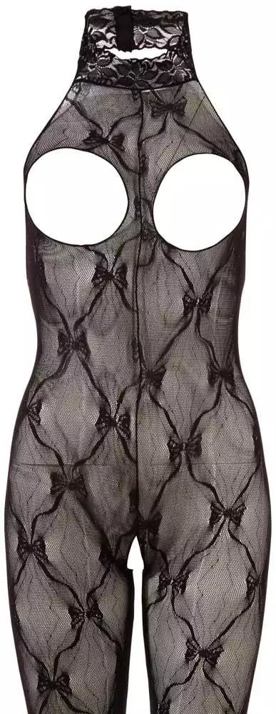 NO:XQSE Catsuit "Verführung pur" - busenfrei, semitransparente Spitze, Neckholder, Klettverschluss, ouvert im Schritt, mit Fuß S-L