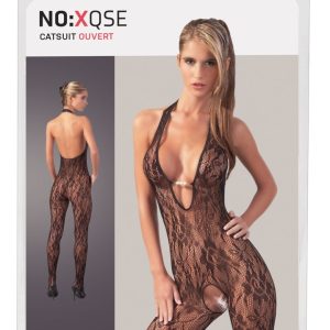 NO:XQSE Catsuit - Schwarzes Netz mit Perlen, ouvert im Schritt L/XL