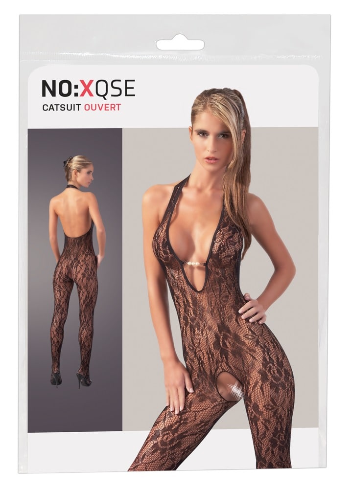 NO:XQSE Catsuit - Schwarzes Netz mit Perlen, ouvert im Schritt L/XL