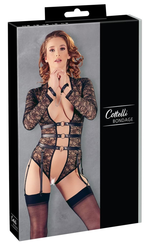 Cottelli BONDAGE - Eleganter Spitzenbody mit Ouvert und Fesseln M