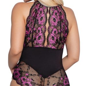 Cottelli CURVES - Verführerischer Spitzenbody Schwarz/Rosa 3XL