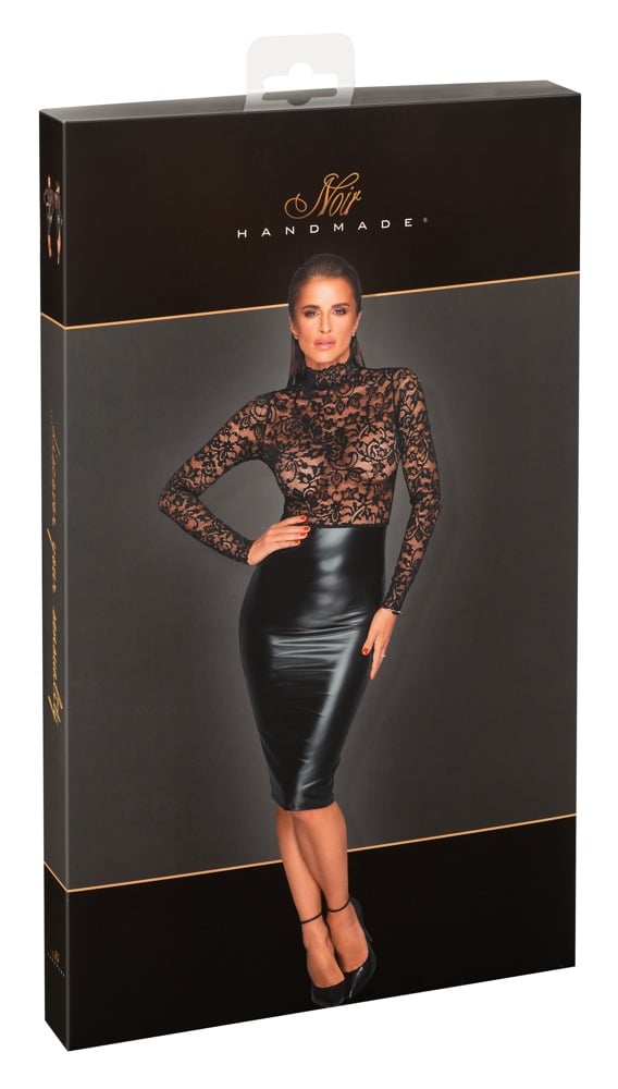 Noir Eleganz Kleid Spitze-Powerwetlook L