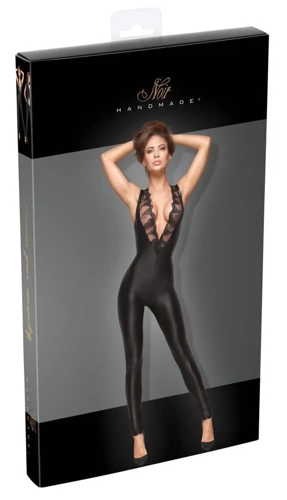 Noir Power-Wetlook Overall mit Stickerei XL