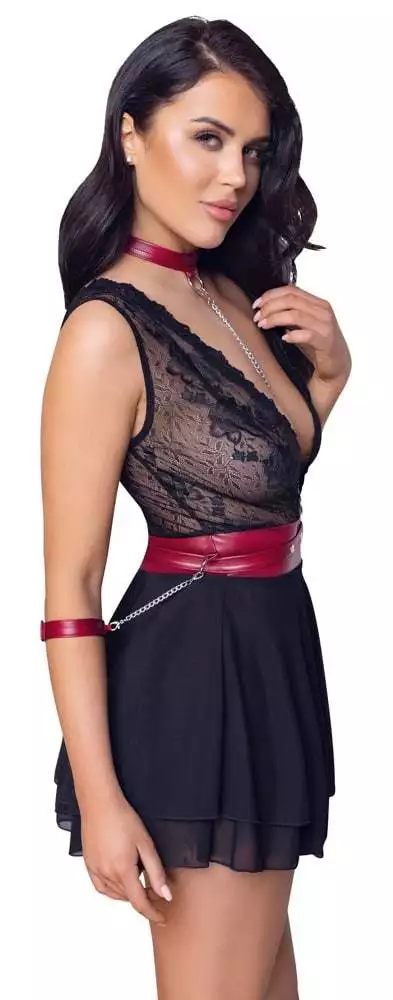 Cottelli BONDAGE - Spitzen-Babydoll mit Powernet, Gürtel & Halsband Schwarz/Rot XL