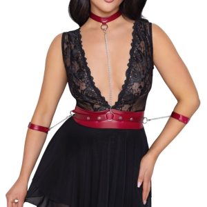 Cottelli BONDAGE - Spitzen-Babydoll mit Powernet, Gürtel & Halsband Schwarz/Rot S