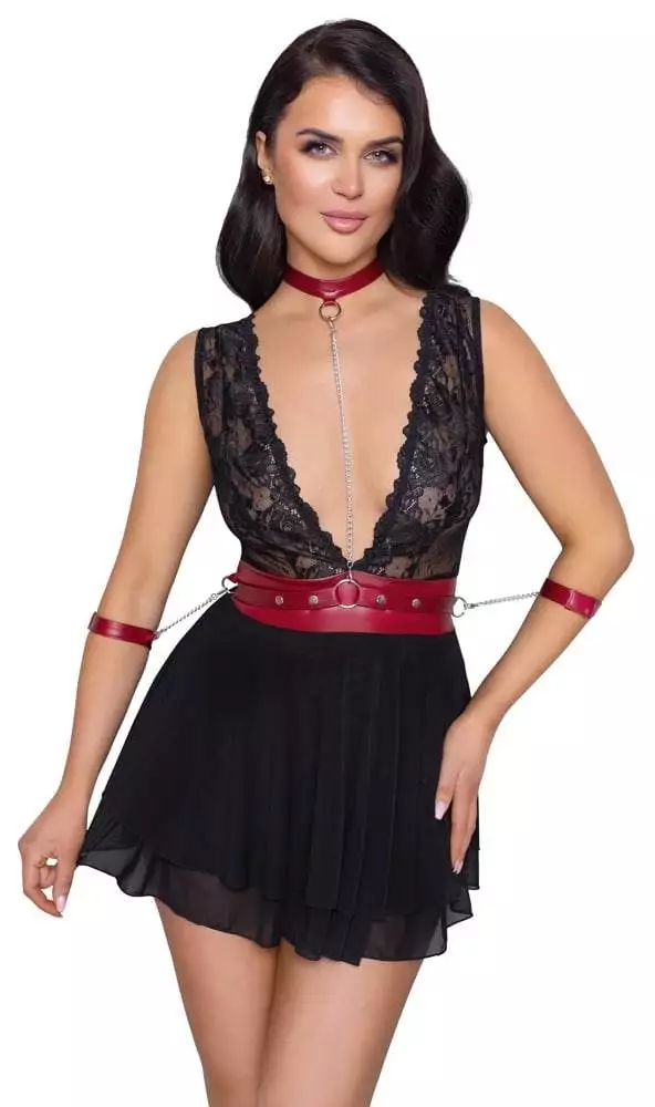 Cottelli BONDAGE - Spitzen-Babydoll mit Powernet, Gürtel & Halsband Schwarz/Rot XL