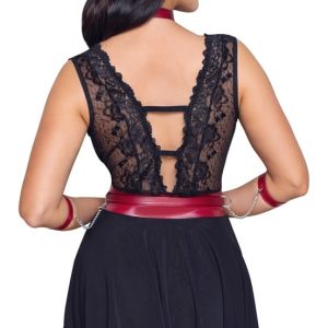 Cottelli BONDAGE - Spitzen-Babydoll mit Powernet, Gürtel & Halsband Schwarz/Rot S