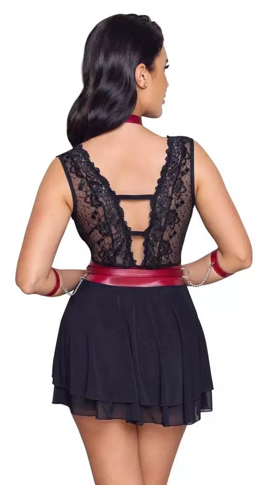 Cottelli BONDAGE - Spitzen-Babydoll mit Powernet, Gürtel & Halsband Schwarz/Rot XL