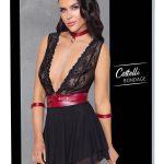 Cottelli BONDAGE - Spitzen-Babydoll mit Powernet, Gürtel & Halsband Schwarz/Rot L