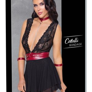 Cottelli BONDAGE - Spitzen-Babydoll mit Powernet, Gürtel & Halsband Schwarz/Rot S