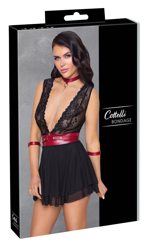 Cottelli BONDAGE - Spitzen-Babydoll mit Powernet, Gürtel & Halsband Schwarz/Rot M