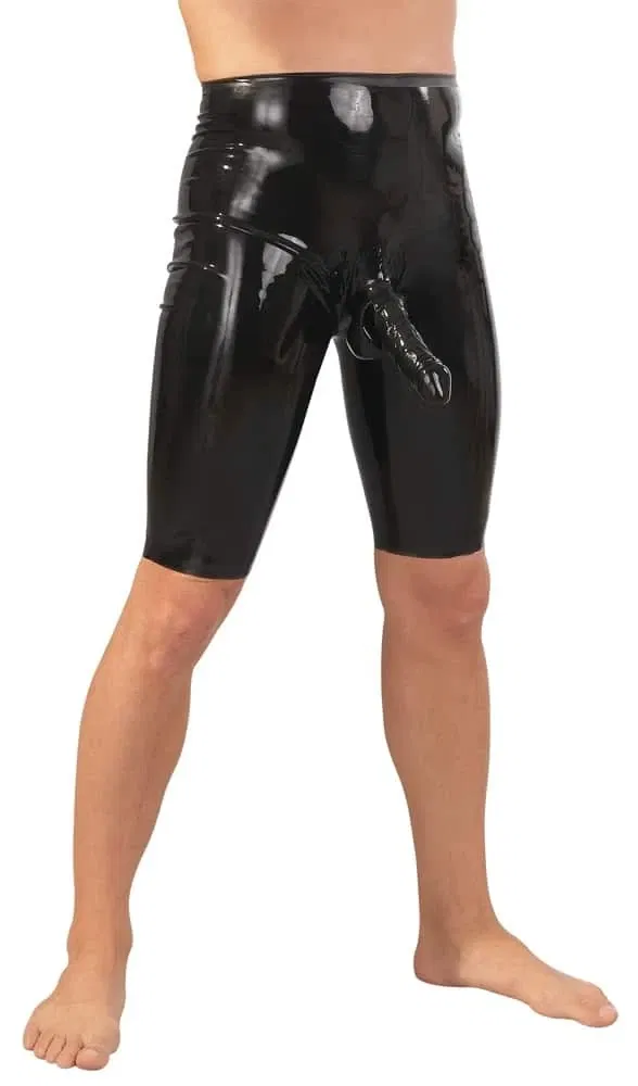 Late X Glänzende Latex Radlerhose mit Penis-Hoden-Hülle S